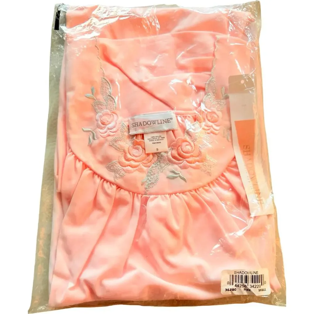 Shadowline Vintage Pink Embroidered Rose Nightgown, New Old Stock Nylon Sz S